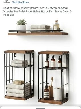 Rustic Wood & Black Metal Floating Bathroom Shelves - 3 Piece Set